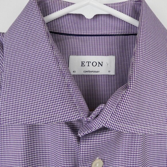 Eton Mens Button Up Dress Shirt Lavender White Check Long Sleeve Size 17 Twill - Picture 4 of 15